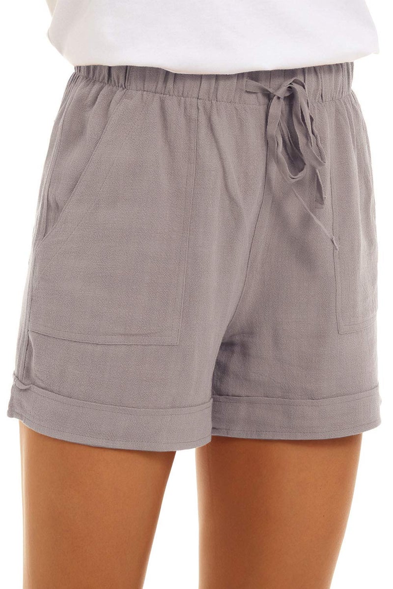 KINGFEN Summer Shorts for Women Womens Cute Cozy Beach Cotton Shorts with Elastic Waist for Summer Drawstring Casual Lounge Linen Comfy Pull On Short with Pockets Grey Small - Image 2